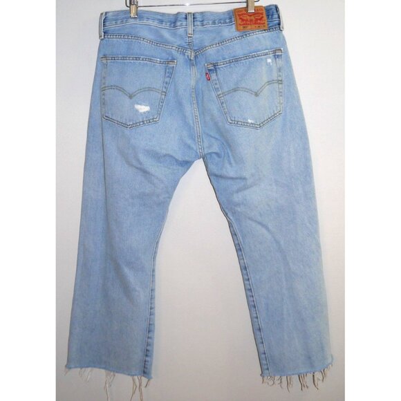 LEVIS blue distressed 501 cut off capri jeans Button Fly 35 waist 24 inseam - Picture 3 of 5